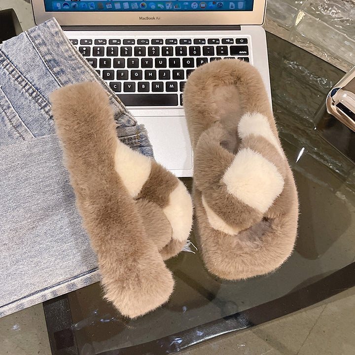 Cross-strap Fuzzy Slippers With 5cm Heel Shoes Women Fashion Winter Indoor Plush House Shoes-Womens Footwear-Zishirts