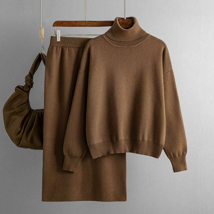 Solid Color Turtleneck Sweater Sheath Skirt Two-piece Set Autumn And Winter-Suits & Sets-Zishirts