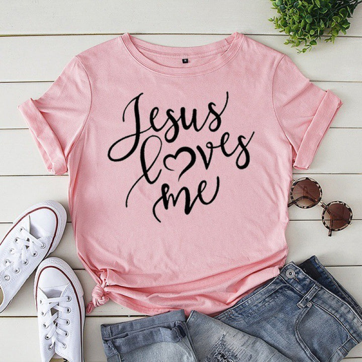 LOVES ME Letter Print T Shirt Women Short Sleeve O Neck Loo-Blouses & Shirts-Zishirts