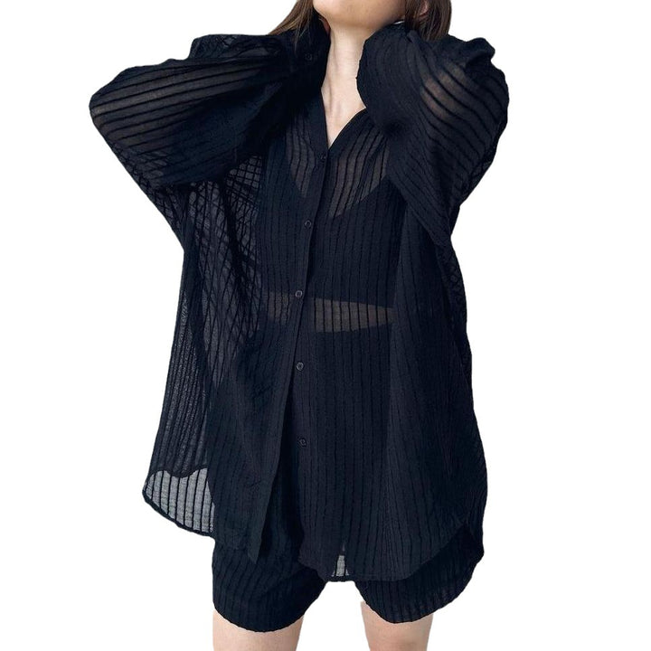 Women's Summer Casual Long-sleeved Texture Shirt Long Sleeve Shorts Two-piece Set-Suits & Sets-Zishirts