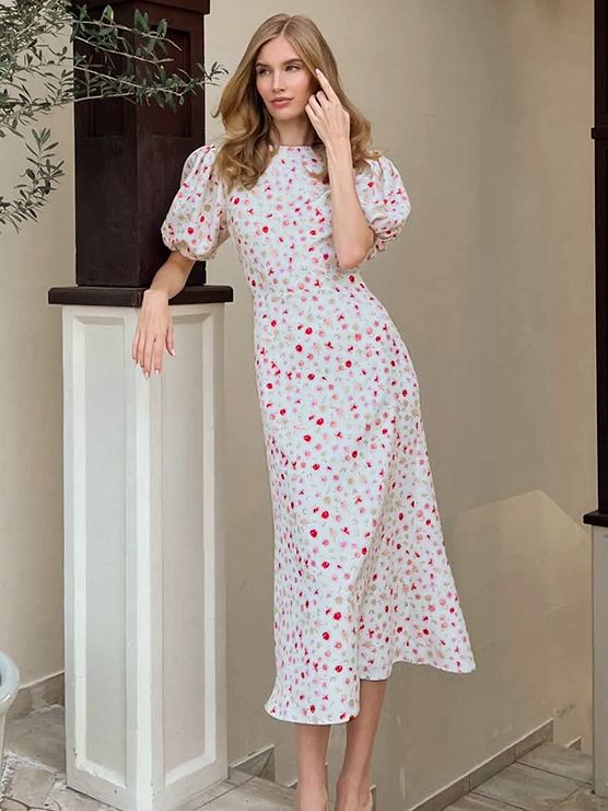 Women's Elegant Slim-fit Floral Long-sleeved Dress-Lady Dresses-Zishirts