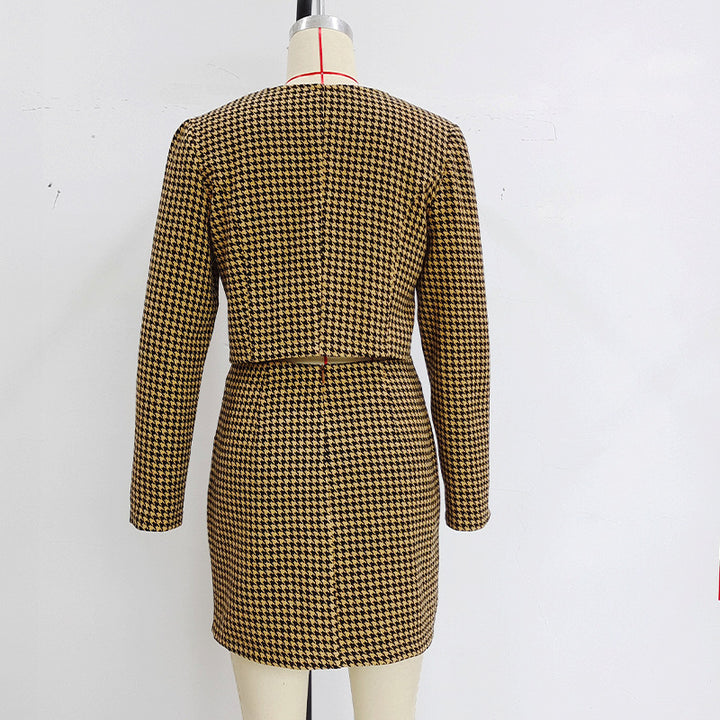 Commuter Plaid Jacket Mid-length Dress Set-Lady Dresses-Zishirts