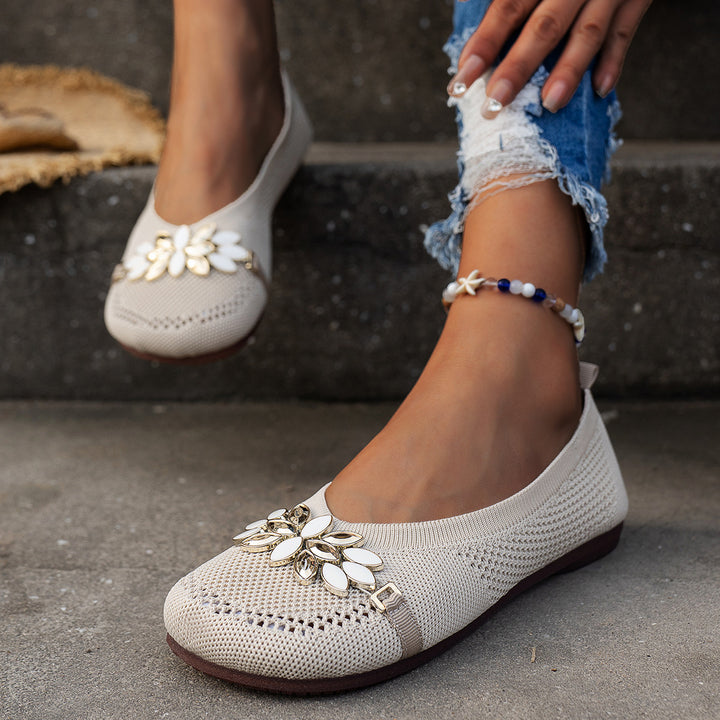 Round Toe Flat Shoes With Floral Metal Decoration Women's Knitted Soft-soled Shoes-Womens Footwear-Zishirts