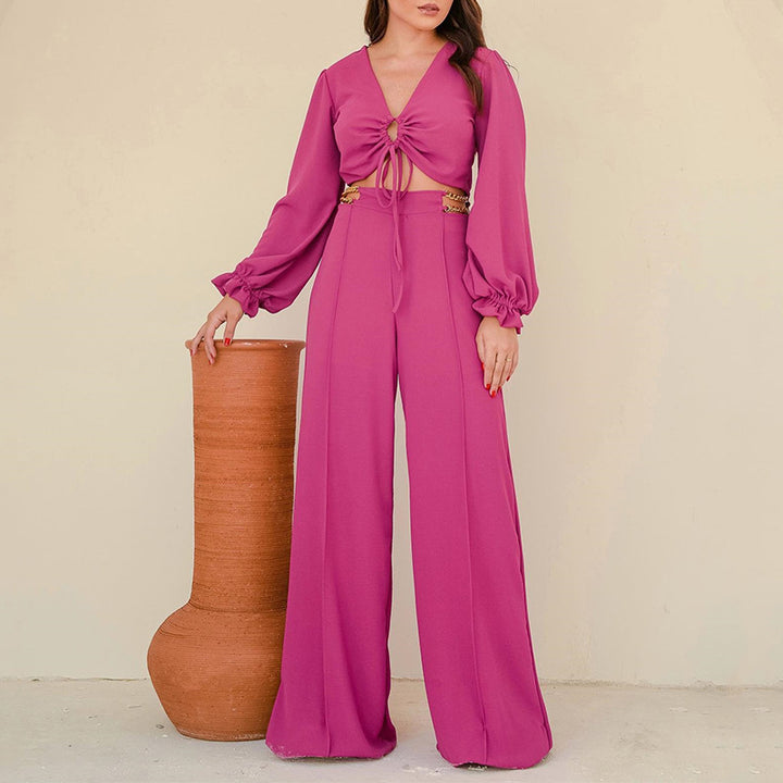 Women's Fashion V-neck Petal Sleeve Short Top Wide Leg Pants Suit-Suits & Sets-Zishirts