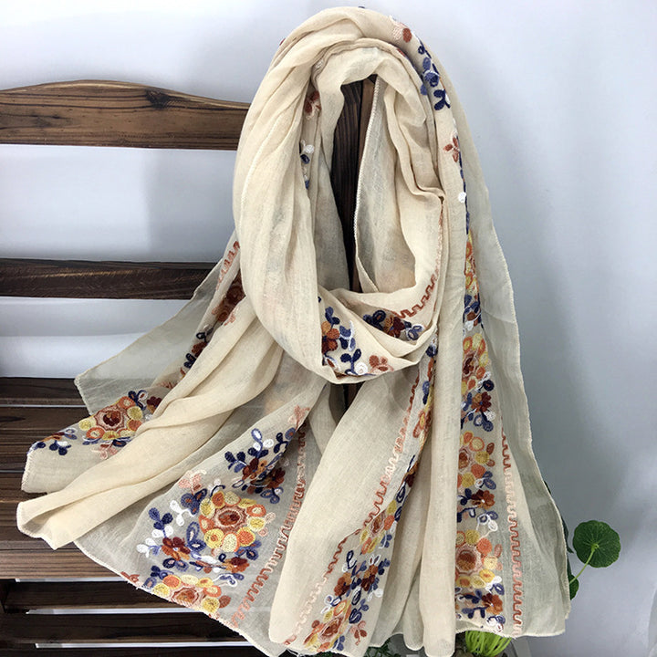 Embroidered Cotton And Linen Scarf Shawl-Scarves & Wraps-Zishirts