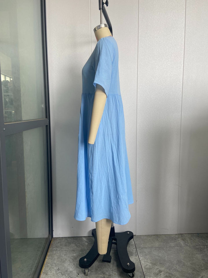 Spring And Summer New Round Neck 5-point Sleeve Plus Size Casual Loose Long Solid Color Cotton And Linen Dress-Womens 2024 March-Zishirts