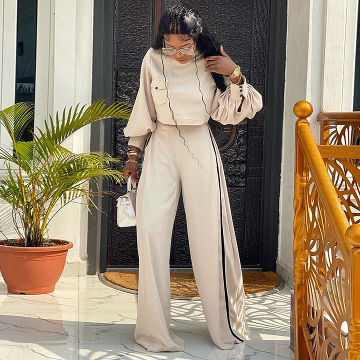 Women's Fashion Casual Half-high Collar Long Sleeves Top Wide Leg Pants Suit-Suits & Sets-Zishirts