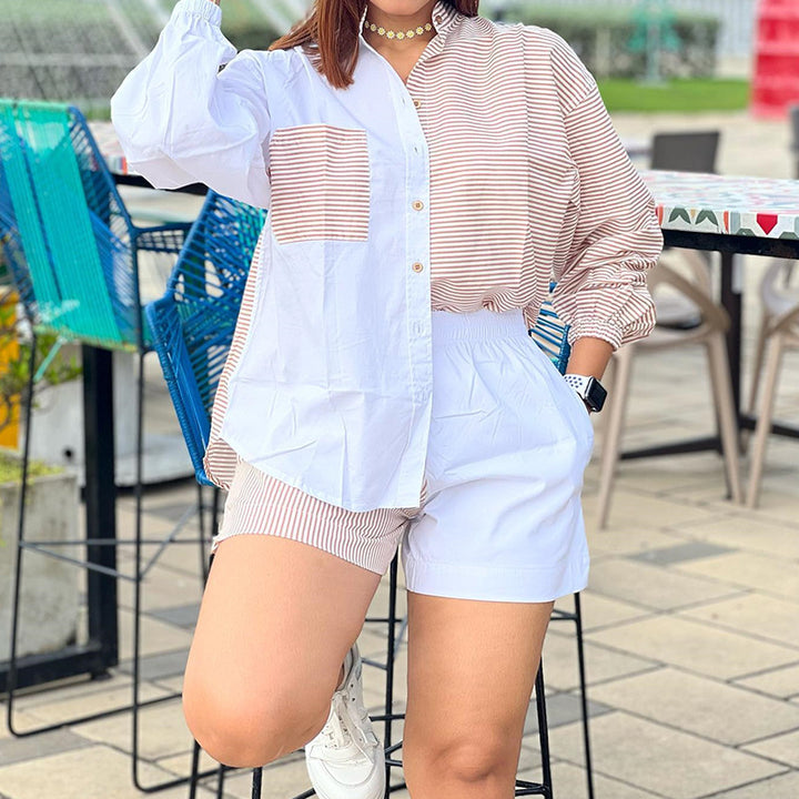 Women's Fashion Casual Loose-fitting Striped Long Sleeves Shirt Wide Leg Shorts Suit-Suits & Sets-Zishirts