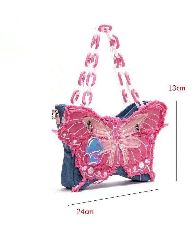 Original Denim Butterfly Contrast Color Acrylic Chain Shoulder Messenger Bag-Women's Bags-Zishirts