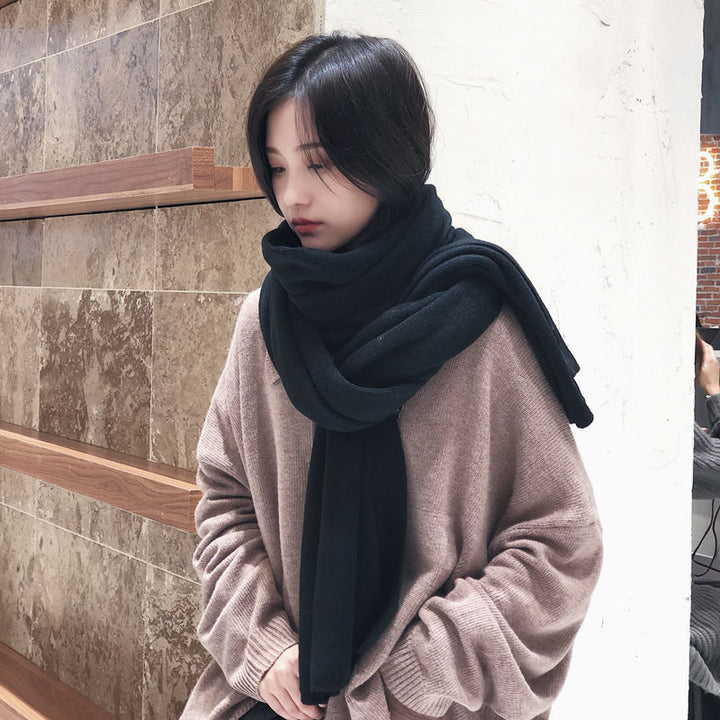 Pure Color Knitted Wool Net Red Scarf Women Autumn And Winter Thicken Warm-Scarves & Wraps-Zishirts