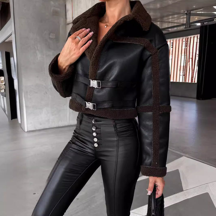 Fur Integrated Short Large Lapel Jacket High-end Leather Ring Design-Jackets-Zishirts