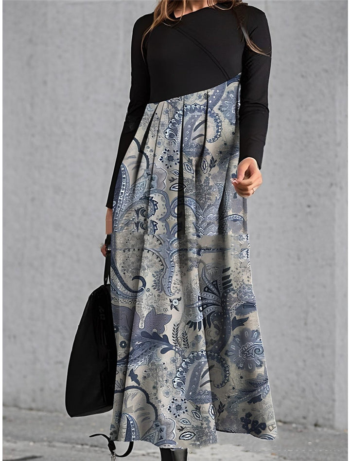 Diagonal Collar Stitching Printing Diagonal Collar Long Dress-Women's Outerwear 2023-Zishirts