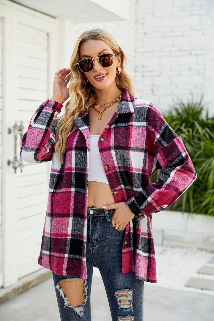 Women's Long-sleeved Plaid Shirt Mid-length Woolen Coat-Blouses & Shirts-Zishirts