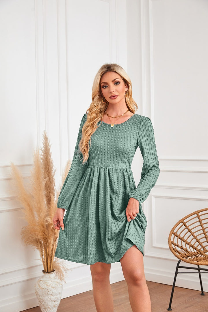 Round Neck Pocket Knitted Sweater Long Sleeve A- Line Dress-Lady Dresses-Zishirts