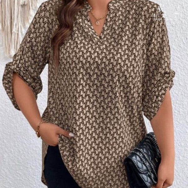 Loose Plus Size Print Hemming Sleeve Button-free Shirt-Womens 2024 March-Zishirts