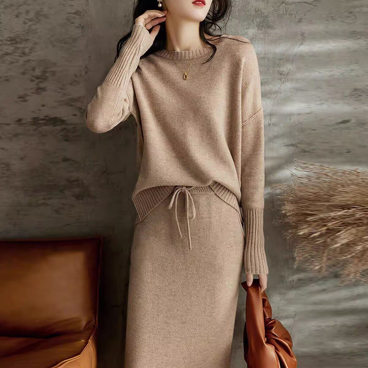 Drawstring High Waist Pure Color Wool Knitted Dress Two-piece Set-Suits & Sets-Zishirts