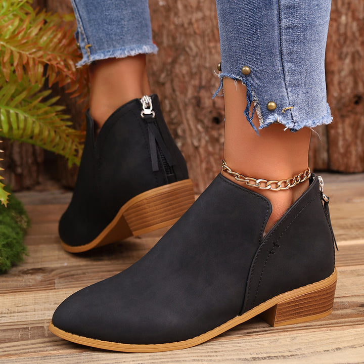 Chunky Heel Pointed Toe Ankle Boots With V-cut Design Fashion Fall Winter Short Boots For Women Shoes-Womens Footwear-Zishirts