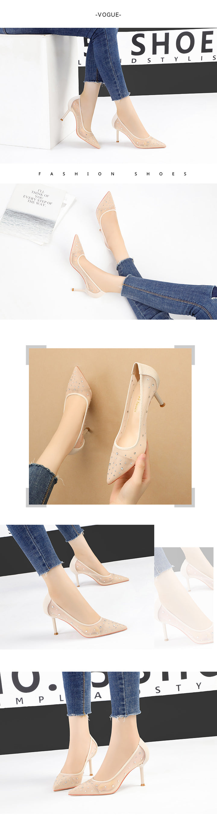 Korean Fashion Pointed Toe Rhinestone High Heels Mesh Stiletto Heel-Womens Footwear-Zishirts