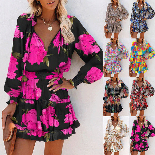 Printed Patchwork Puff Sleeve Waist Dress-Lady Dresses-Zishirts