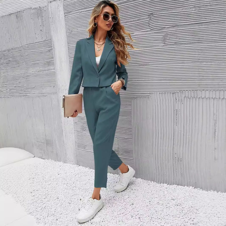 Solid Color Lapel Long Sleeve Dungarees Fashion Two-piece Suit-Suits & Sets-Zishirts