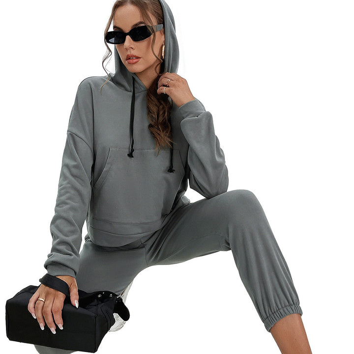 Loose Casual Solid Color Hooded Sweater Outdoor Sports Suit-Suits & Sets-Zishirts