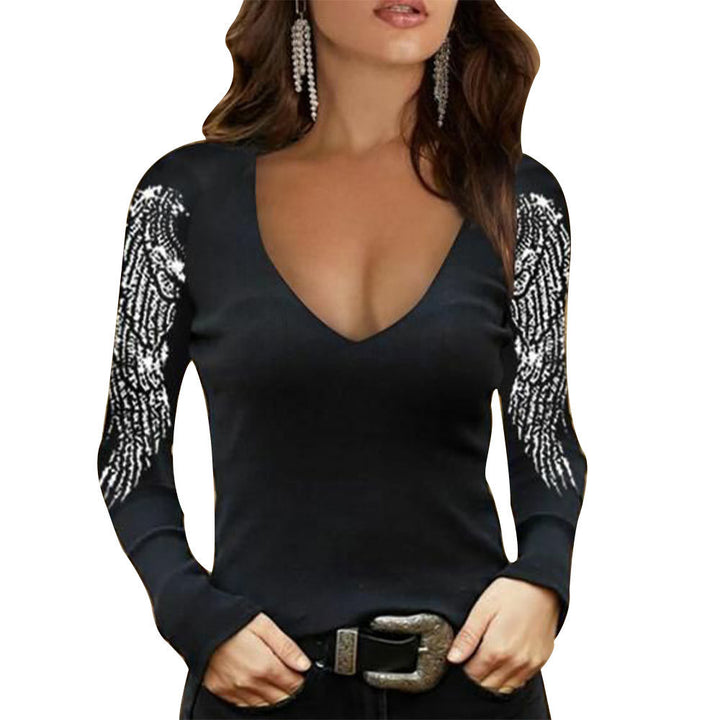 V-neck Printed Long-sleeved Top Women-Blouses & Shirts-Zishirts