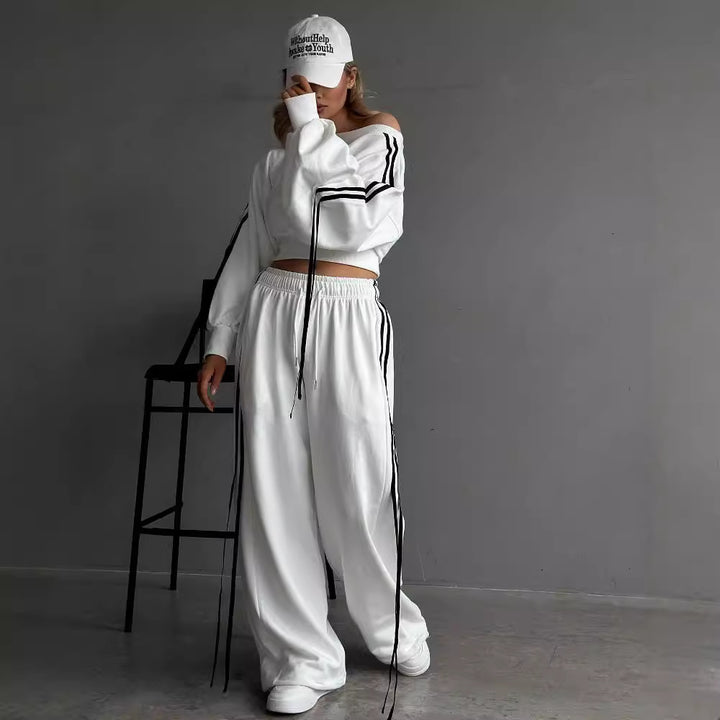 Fashion Casual Set Autumn And Winter Sports Two-piece Ribbon Pullover Sweater High Waist Loose Trousers-Suits & Sets-Zishirts