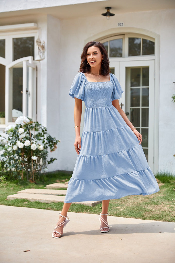 Square Collar Backless Puff Sleeve Pleated Short Sleeves Dress-Lady Dresses-Zishirts