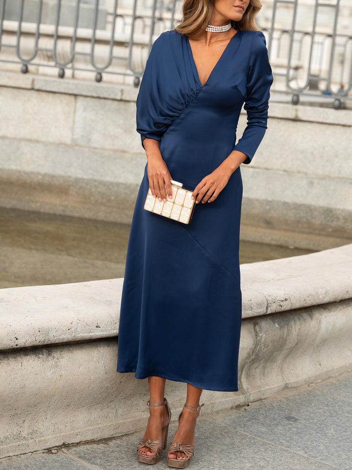 Asymmetrical Sleeves Satin Navy Dress-Lady Dresses-Zishirts