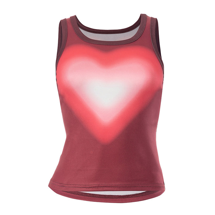 Cute Heart Printing Sleeveless Vest Bare Midriff Slim Fit All-matching Sleeveless Shirt-Blouses & Shirts-Zishirts