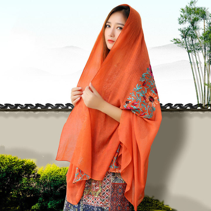 Ethnic Style Embroidered Floral Scarf Shawl Sunscreen Silk Female-Scarves & Wraps-Zishirts