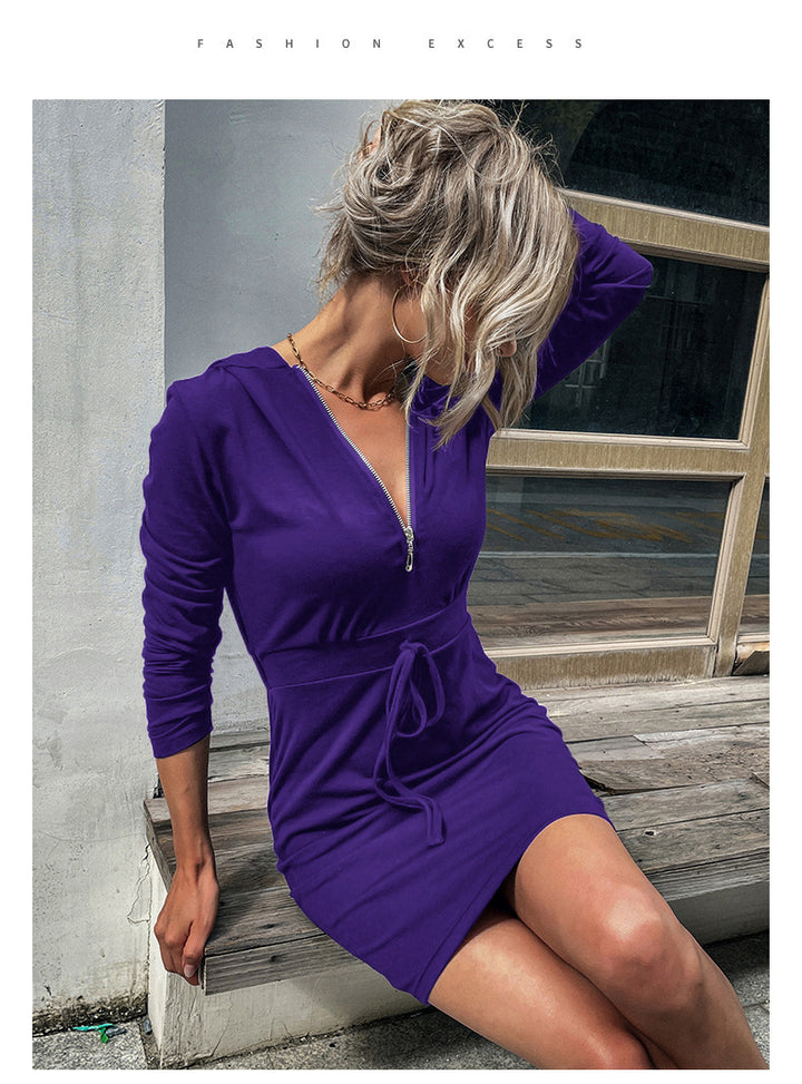 European And American Hooded Sweater Dress Slim-fit Sheath-Lady Dresses-Zishirts