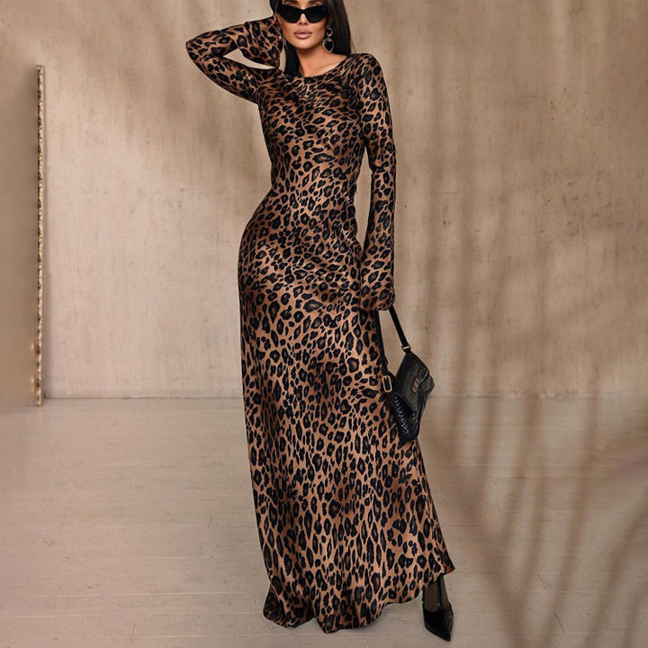 Round Neck Leopard Print High Waist Slim Fit Dress-Lady Dresses-Zishirts