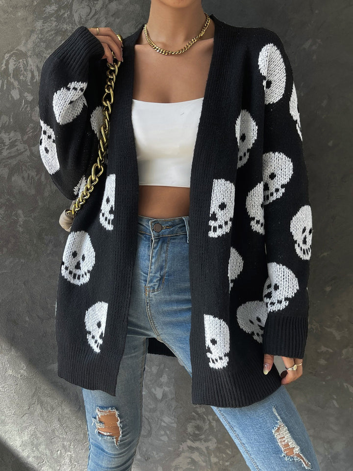 Women's Fashion Casual Halloween Skull Jacquard Knitted Long Sleeve Cardigan-Sweaters-Zishirts