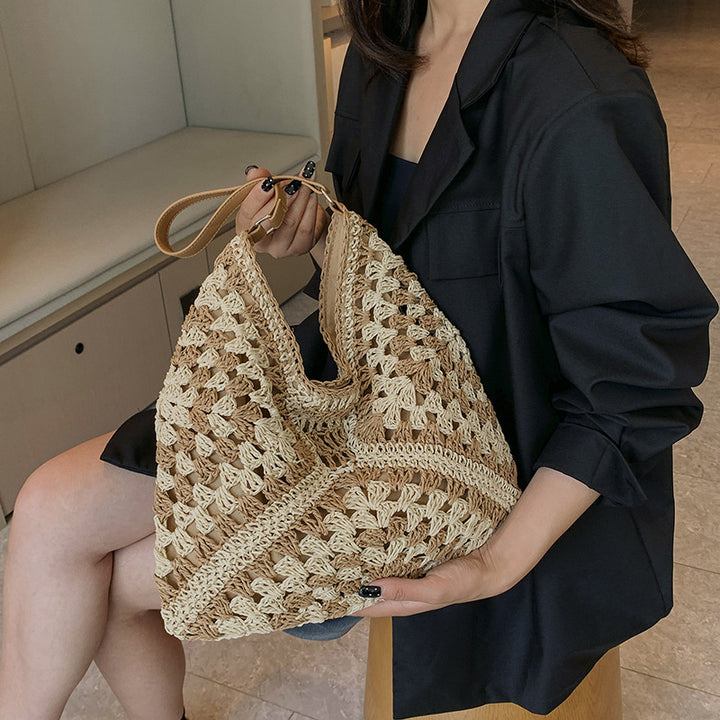 Women's Fashion Handmade Straw Woven Hollow Contrast Color Weave Shoulder Bag-Women's Bags-Zishirts