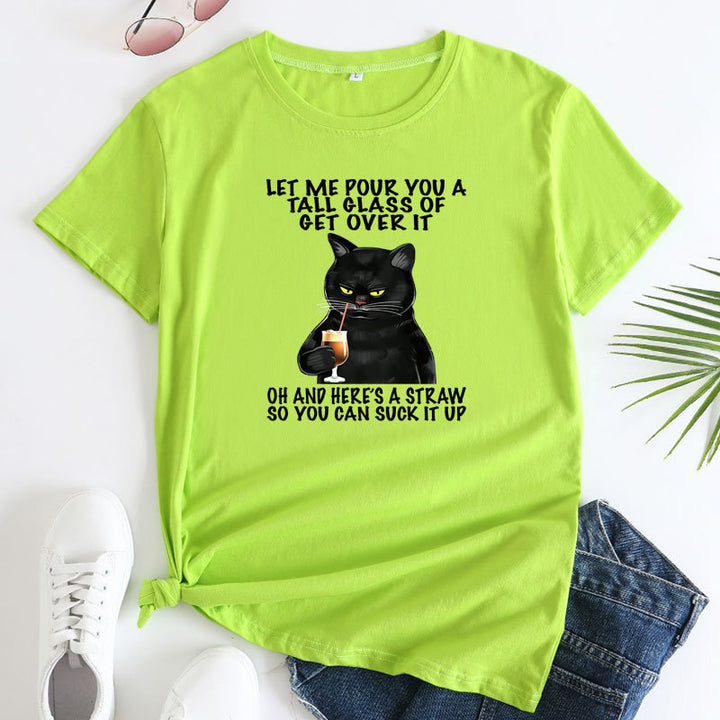 Plus Size Cat Printing Cotton Round Neck Short Sleeve-Blouses & Shirts-Zishirts