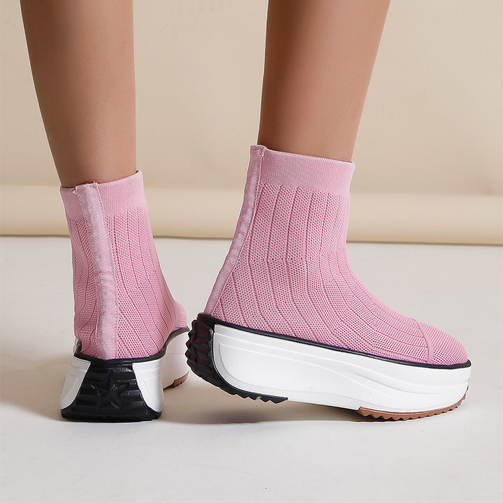 Women's Thick-soled Boots Knitted Round Toe Socks Shoes Casual Breathable Solid Color Flying Knit Ankle Boots-Womens Footwear-Zishirts