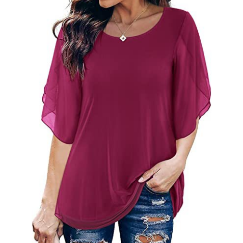 Pleated 34 Sleeve Chiffon Loose Flowy Top-Blouses & Shirts-Zishirts