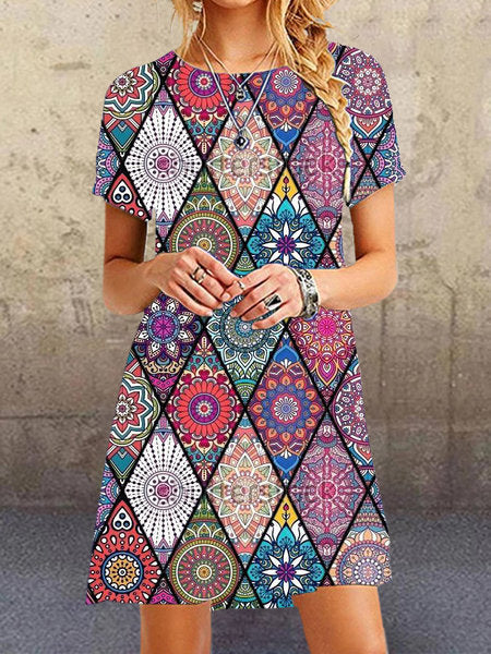 Summer New Round Neck Printed Casual Ultra-short Dress-Lady Dresses-Zishirts