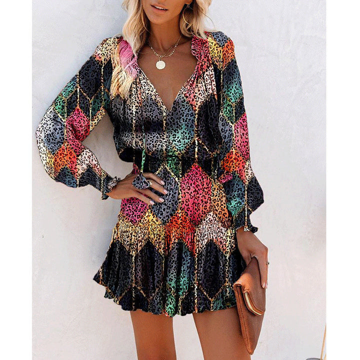 Printed Patchwork Puff Sleeve Waist Dress-Lady Dresses-Zishirts