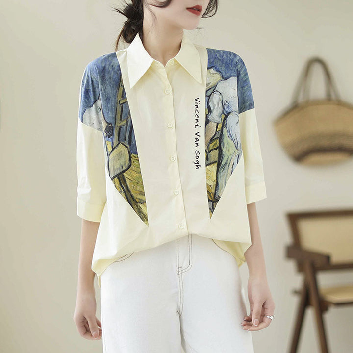 Cotton And Linen Large Size Loose Stitching Short Sleeve Shirt-Blouses & Shirts-Zishirts