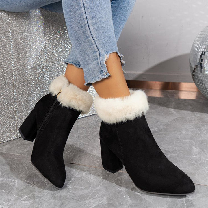 New Plaid Print Plush Ankle Boots Winter Fashoin Square Heel Suede Boots Women Casual Versatile Shoes Autumn And Winter-4-Zishirts