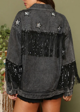 Multicolor Denim Coat Star Sequins Tassel Jacket-Jackets-Zishirts