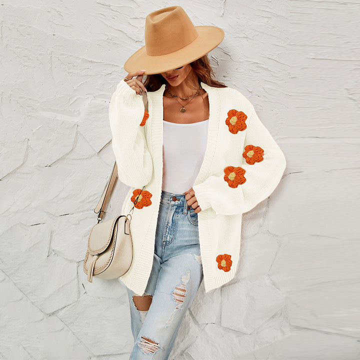 Women's Fashion Casual Flower Cardigan Lantern Sleeve Sweater Coat-Sweaters-Zishirts