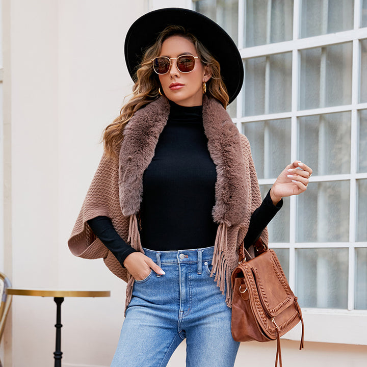 Drizzling Fur Collar Knitted Tassel Cape Coat Women-Scarves & Wraps-Zishirts