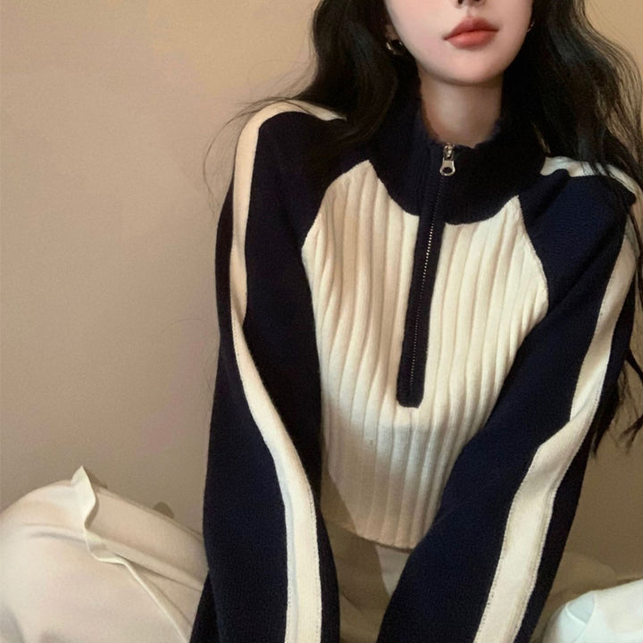 Sweet Cool Korean Style Women's Contrast Color Sweater Autumn And Winter New High Waist Raglan Sleeve Zipper Short Sweater-Sweaters-Zishirts