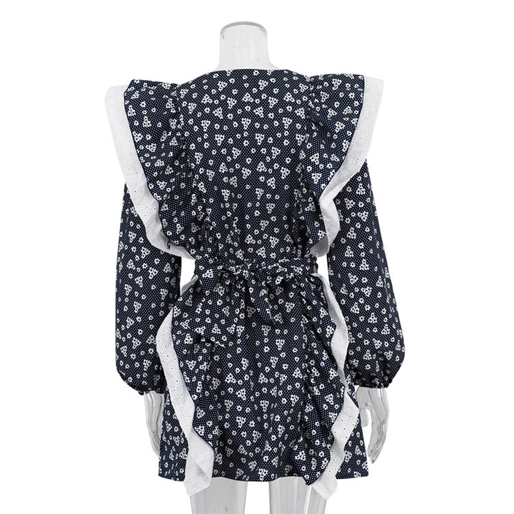 Women's Ruffled Stitching Long-sleeved Printed Dress-Lady Dresses-Zishirts