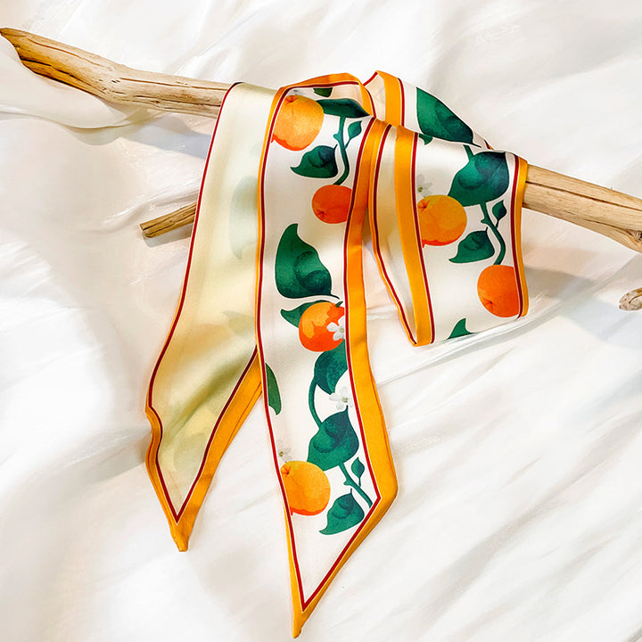 Fruit Pattern Thin Narrow Long Strip Of Silk Scarf Women-Scarves & Wraps-Zishirts