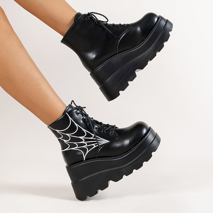 Platform Wedge Dr Martens Boots Autumn And Winter Spider Web Round Toe Lace-up Short Leather Boots-Womens Footwear-Zishirts