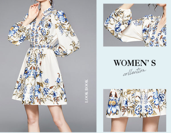 Blue Embellished Printed Comfortable Breathable Long Sleeves Slim A- Line Dress-Womens 2024 March-Zishirts